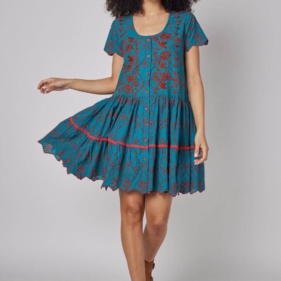 New With Tags ModaPosa Simonetta Fall Hand-Embroidered Cotton Dress Size Small - Picture 2 of 4